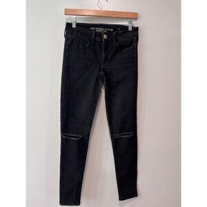 American Eagle Outfitters Womens Black Skinny Jeans Size 2 Distressed Knee Denim